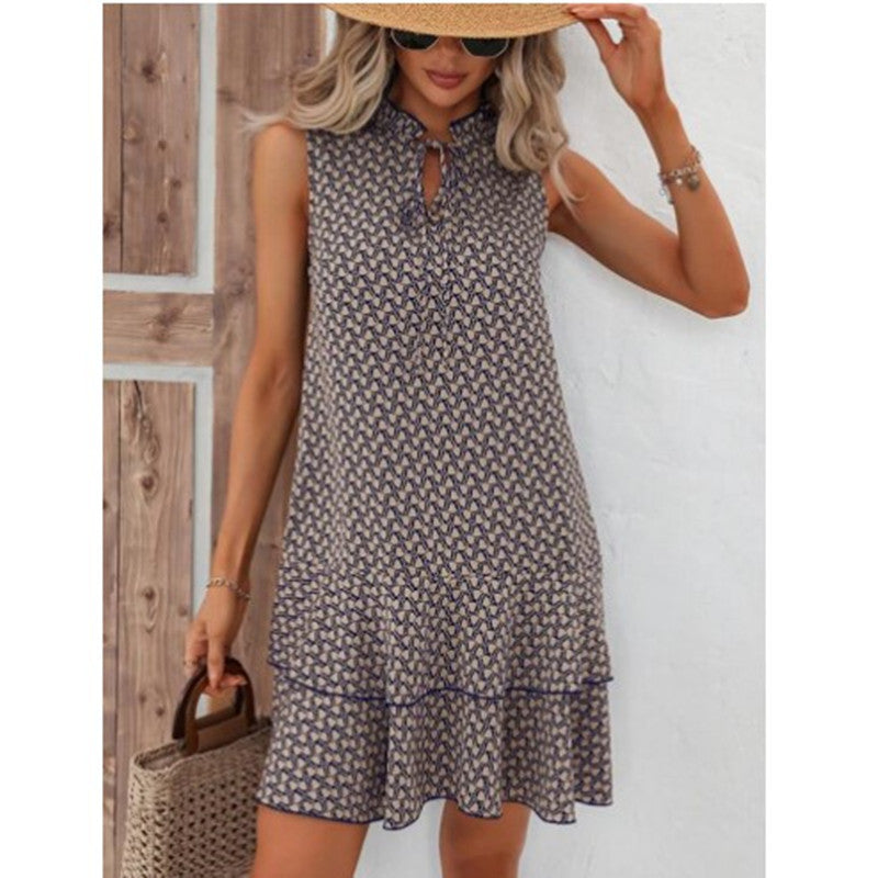 Fashion Bohemian Printed V-neck Lace-up Dress