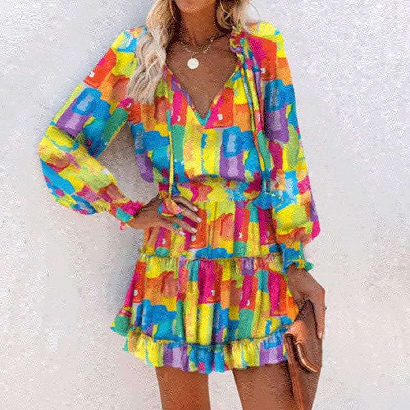 Fashion Printed Patchwork Puff Sleeve Dress