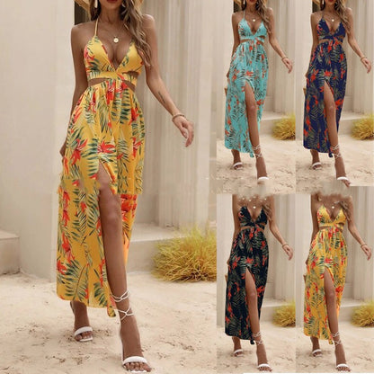 Fashion Printed Backless Bow Slit Dress