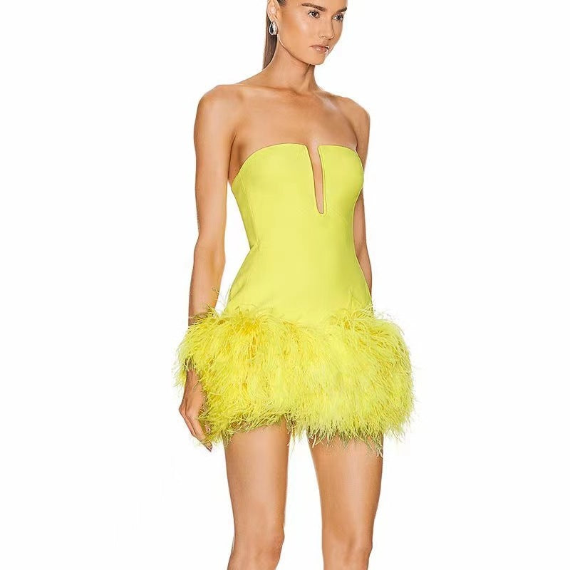 Fashion Deep V Strapless Ostrich Feather Hip-wrapped Mini Dress