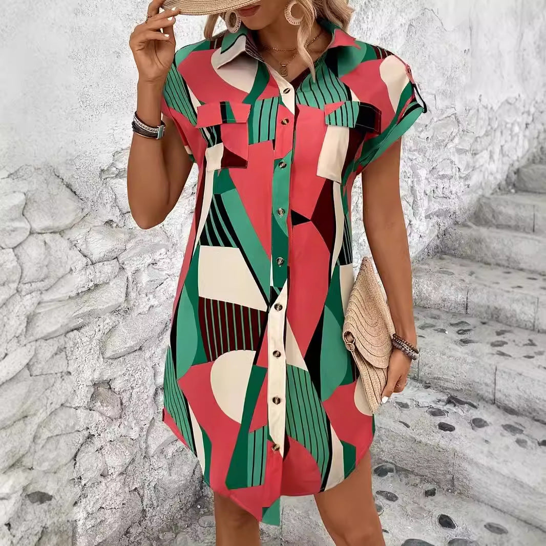 Fashion Geometric Printed Shirt Dress