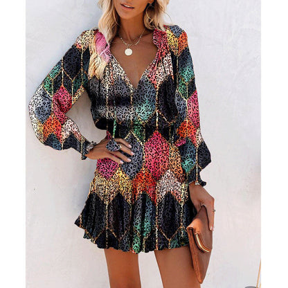 Fashion Printed Patchwork Puff Sleeve Dress