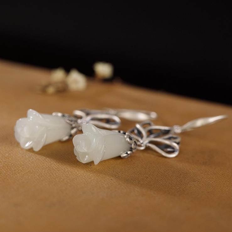 Fashion White Gold Jade Orchid Eardrops