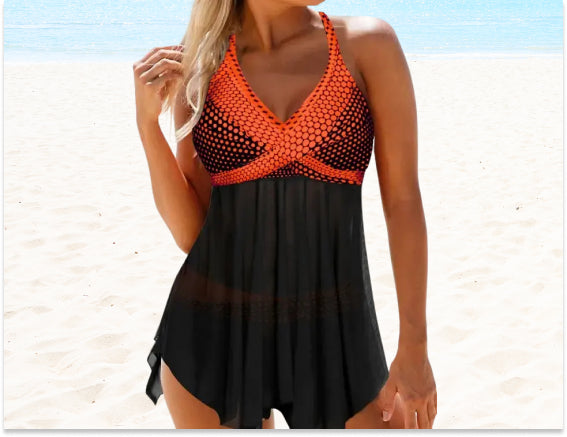 Fashion Polka Dot Printed Tulle Covering Belly Swimsuit