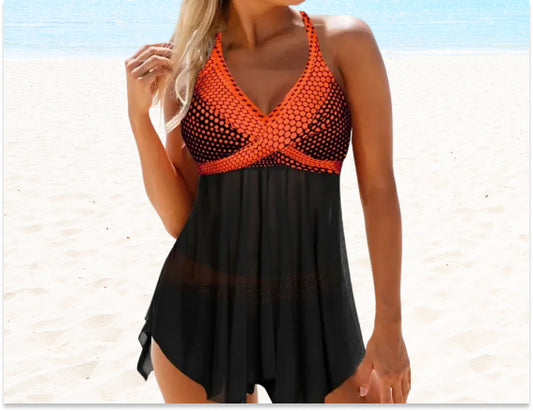 Fashion Polka Dot Printed Tulle Covering Belly Swimsuit