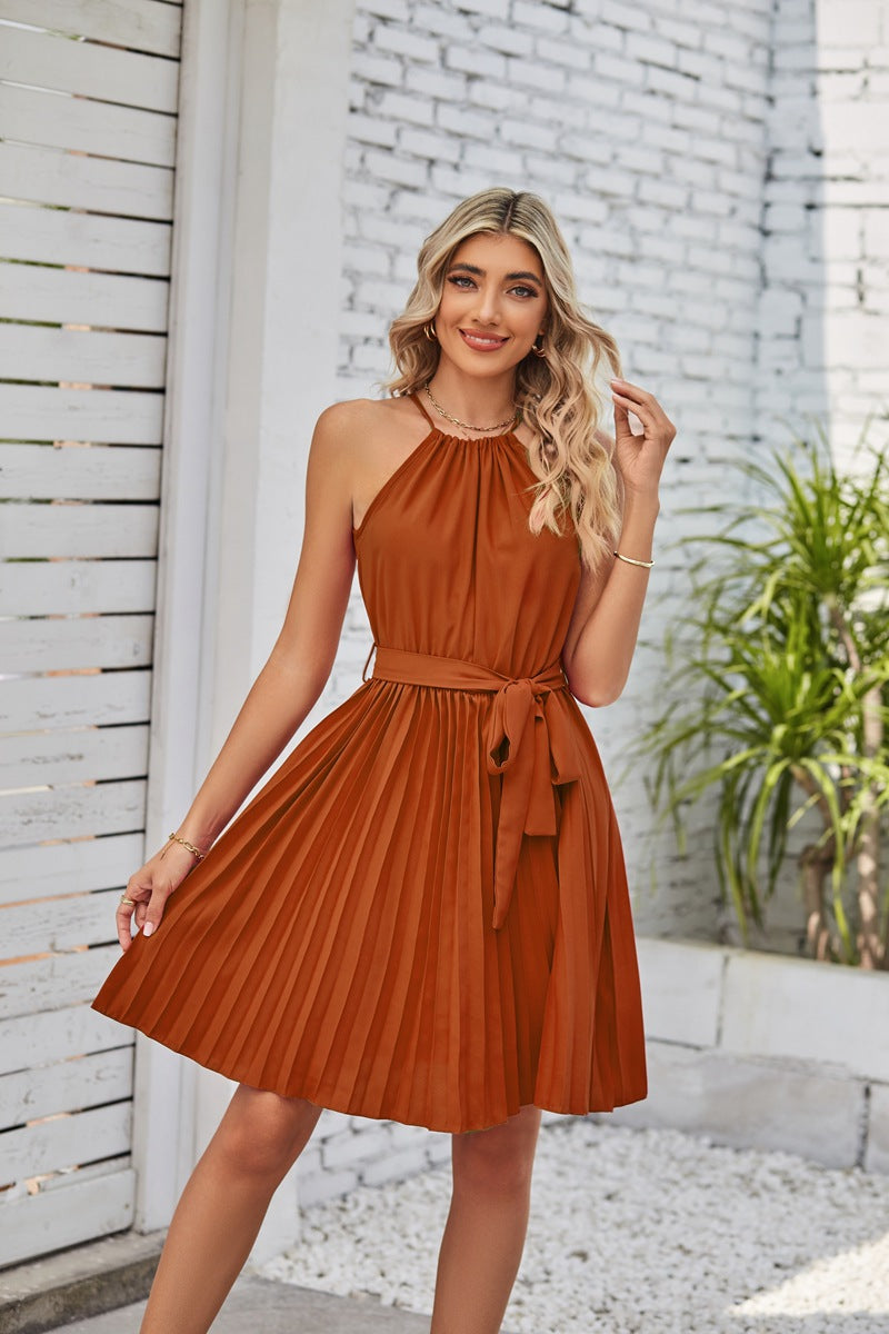 Fashion Halter Lace-up Pleated Dress