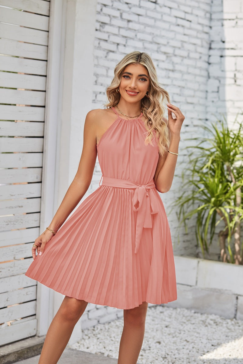 Fashion Halter Lace-up Pleated Dress