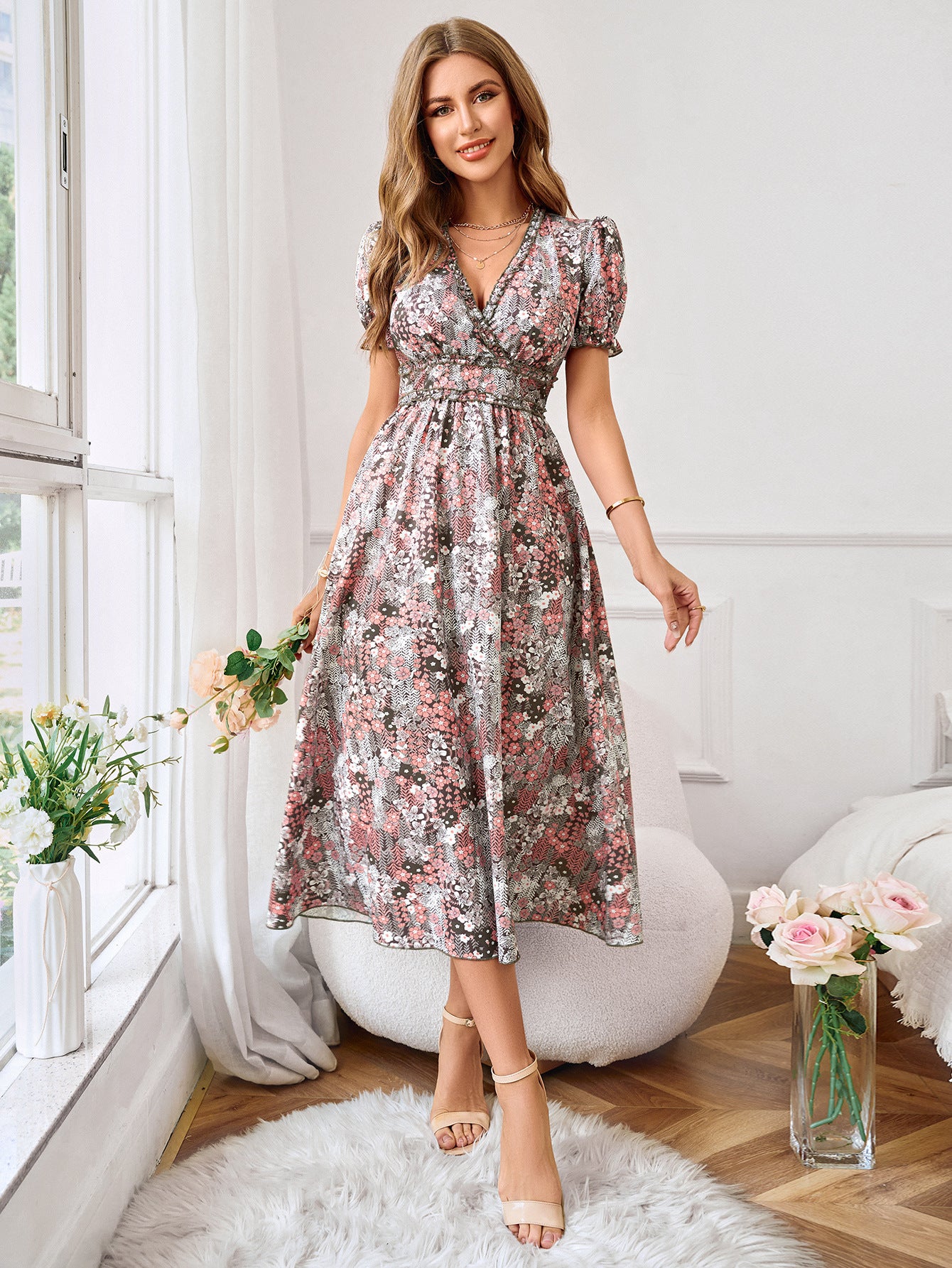 Fashion Waist Trimming Printing Dress