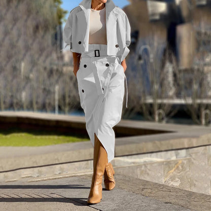 Fashion Workwear Elegant Button Belt Suit Skirt