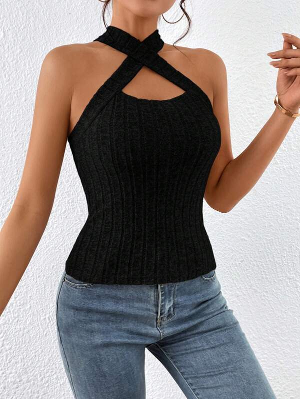 Fashion Halter Sleeveless Brushed Knitted Top