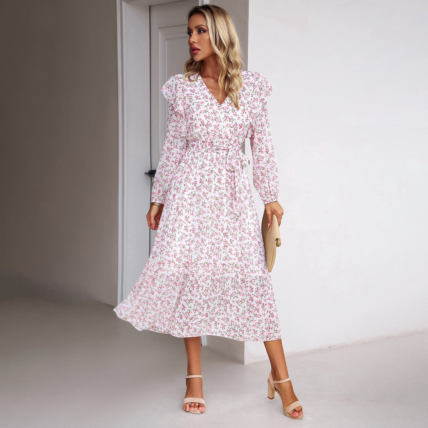 Fashion Floral V-neck Midi Dress