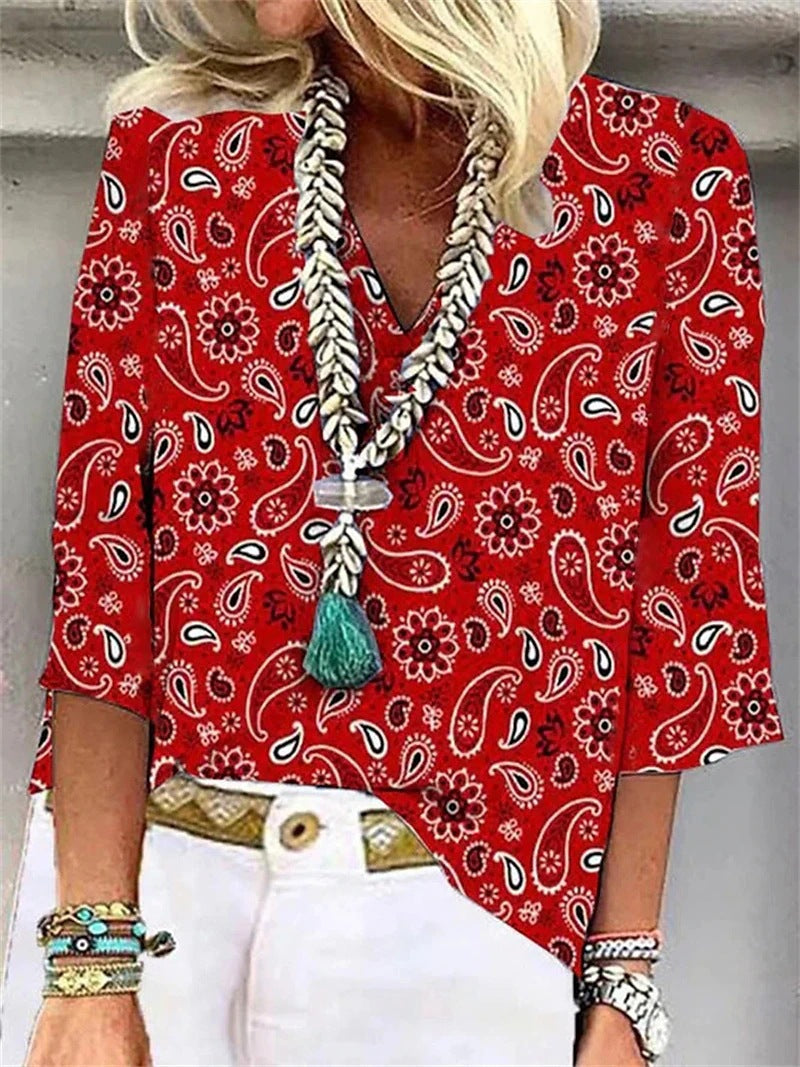 Fashion Printed Loose V-neck Top