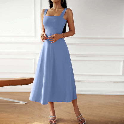 Fashion Pure Color Suspender Dress