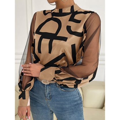 Fashion Geometric Print Stitching Mesh Blouse