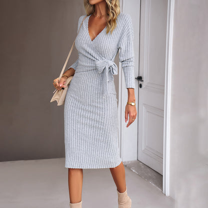 Fashion V-neck Knitted Tied Dress