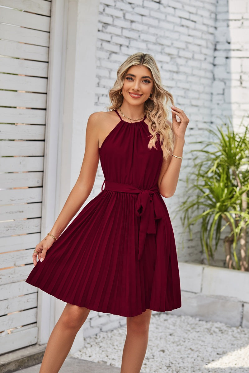 Fashion Halter Lace-up Pleated Dress