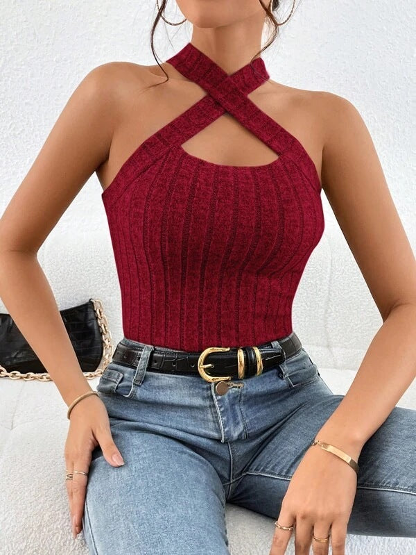 Fashion Halter Sleeveless Brushed Knitted Top