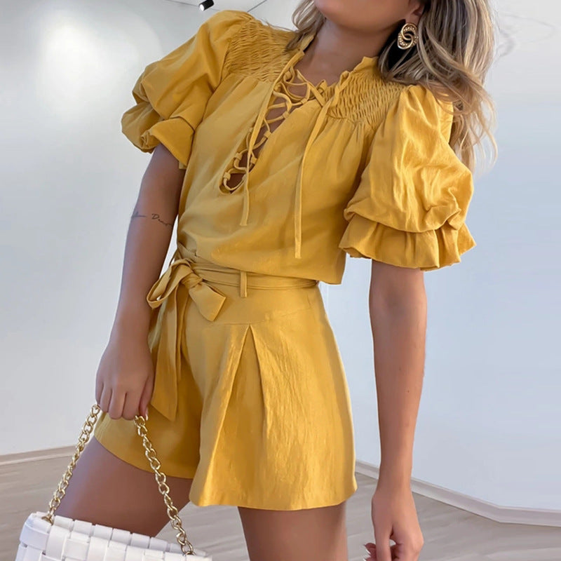 Fashion Stand Collar Shirt and Shorts