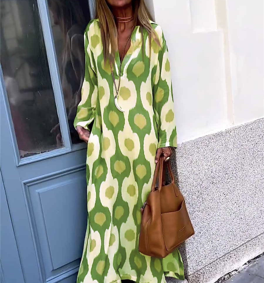 Fashion Printing V-neck Long Dress