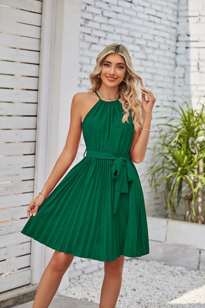 Fashion Halter Lace-up Pleated Dress