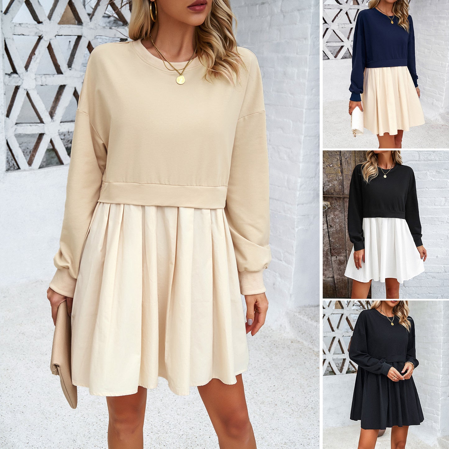 Fashion Long Sleeve Contrast Color Jumpsuit Skirt