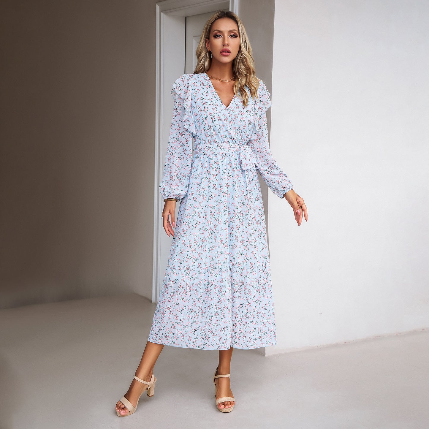 Fashion Floral V-neck Midi Dress