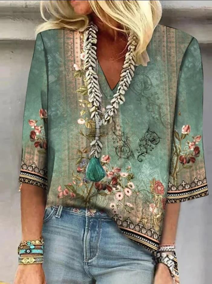 Fashion Printed Loose V-neck Top