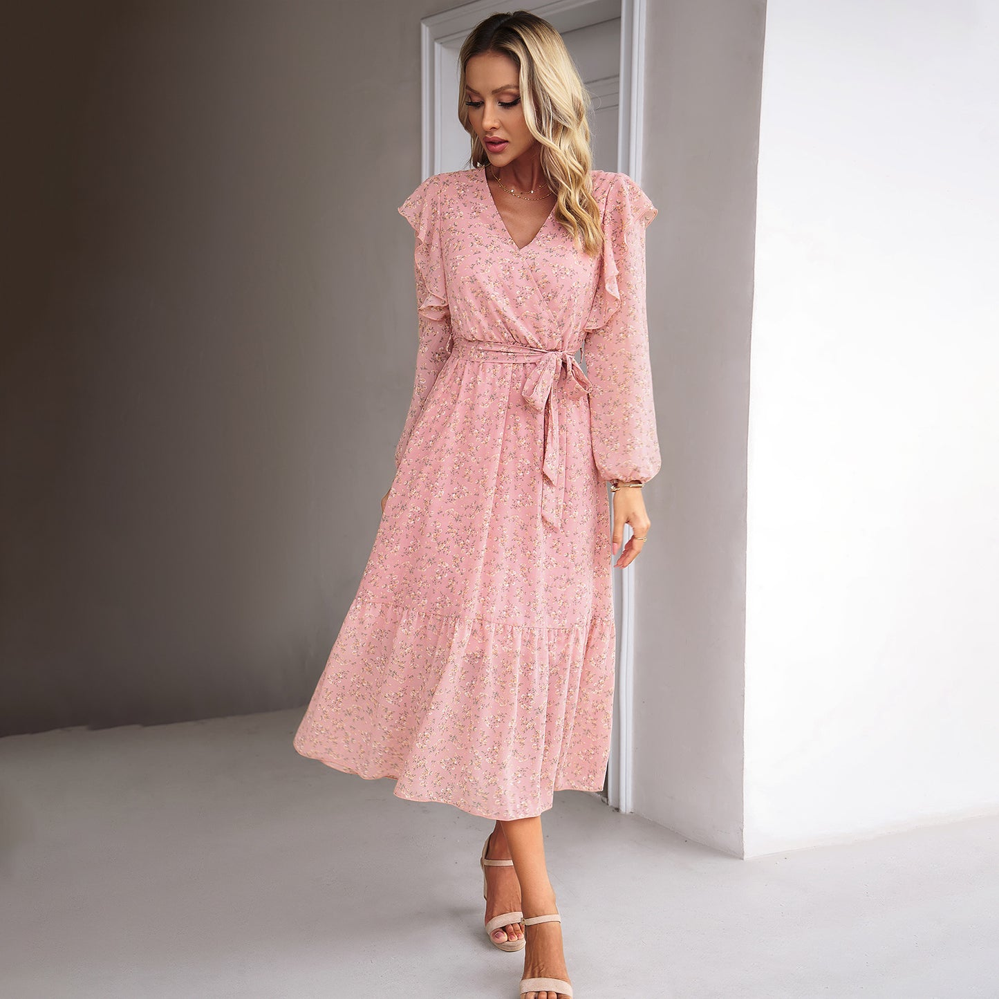 Fashion Floral V-neck Midi Dress