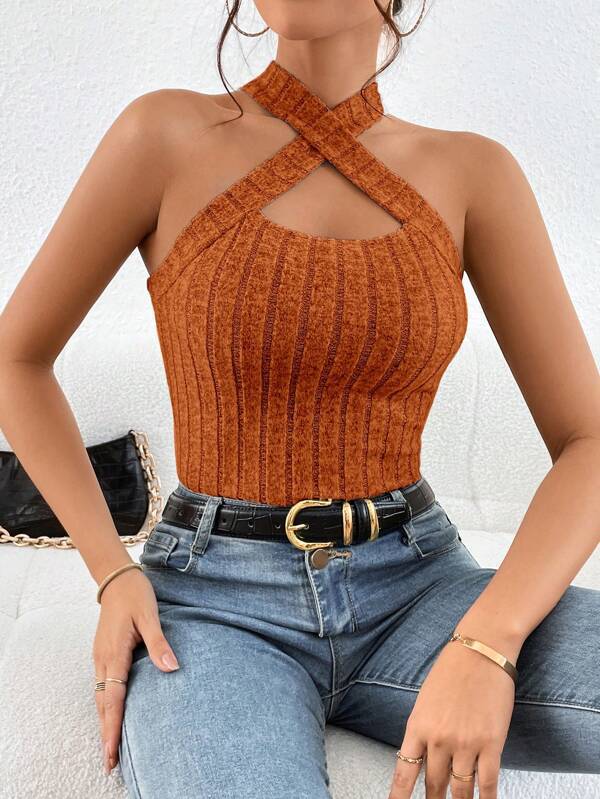 Fashion Halter Sleeveless Brushed Knitted Top