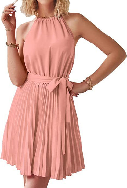 Fashion Halter Lace-up Pleated Dress