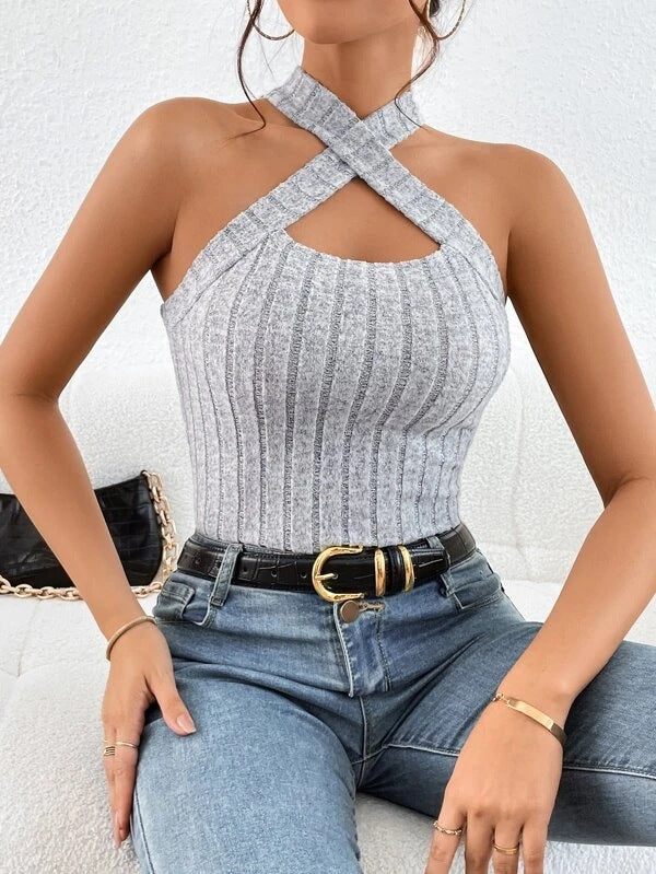 Fashion Halter Sleeveless Brushed Knitted Top