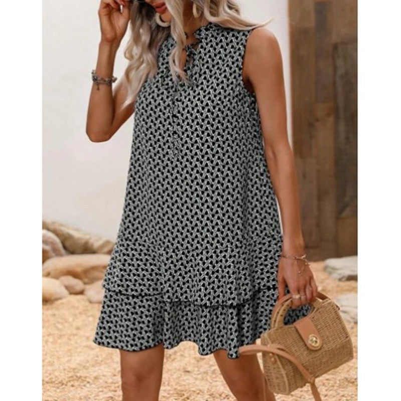 Fashion Bohemian Printed V-neck Lace-up Dress