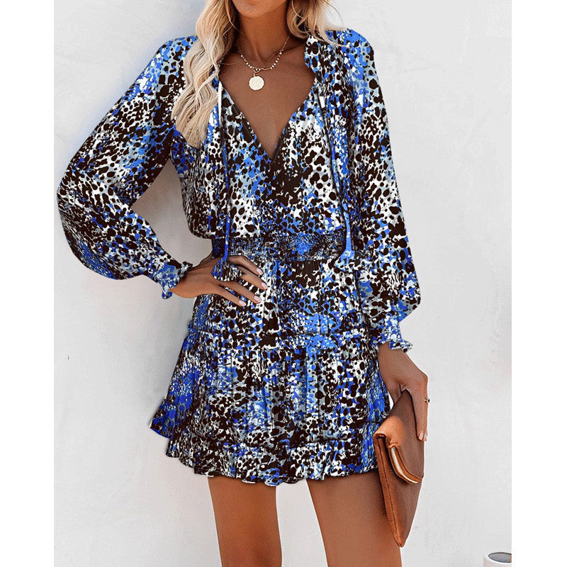 Fashion Printed Patchwork Puff Sleeve Dress