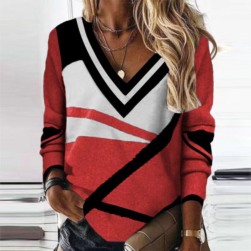 Fashion V-Neck Contrast Color Geometric Print Sweater
