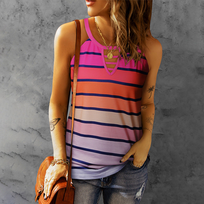 Fashion Stripes Gradient Contrast Printed Top