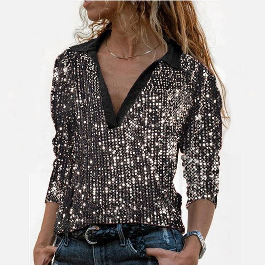 Fashion Gorgeous Sequins V Neck Slim Long Sleeve Casual Top