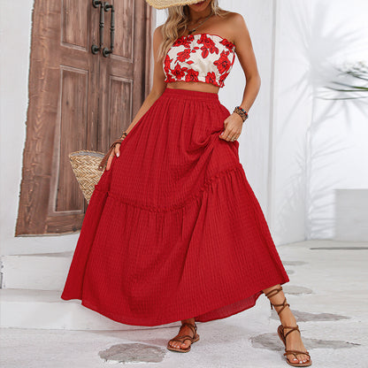 Fashion Printed Tube Top Swing Skirt Suit