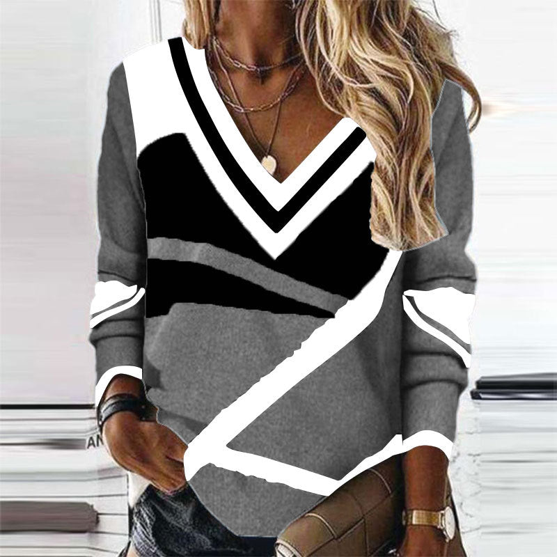 Fashion V-Neck Contrast Color Geometric Print Sweater