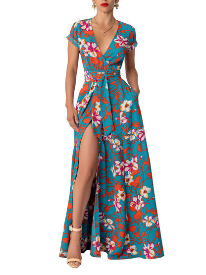 Fashion Printed Waist-controlled Split Dress