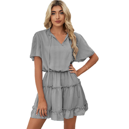 Fashion Ruffled V-neck Mini Dress