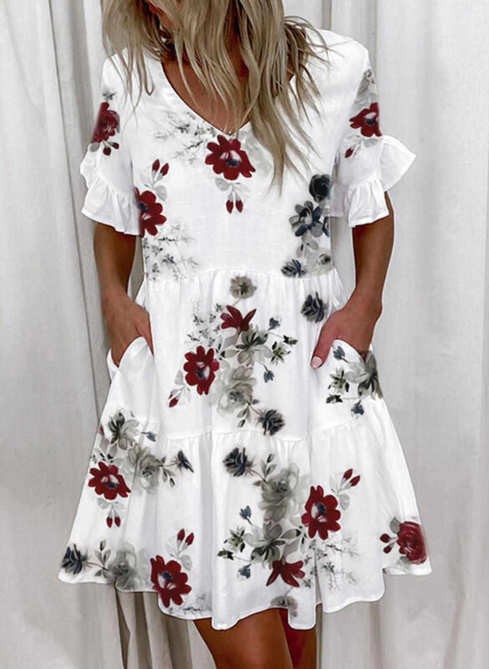 Fashion Printed Ruffle Pocket Dress