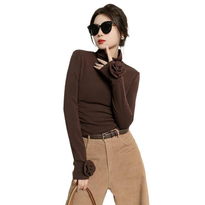 Fashion Brown Micro Velvet Lined Turtleneck Bottoming Shirt