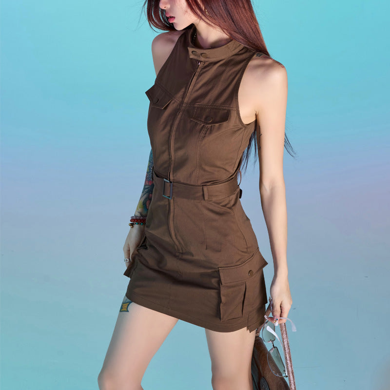 Fashion Standing Collar Vest Dress