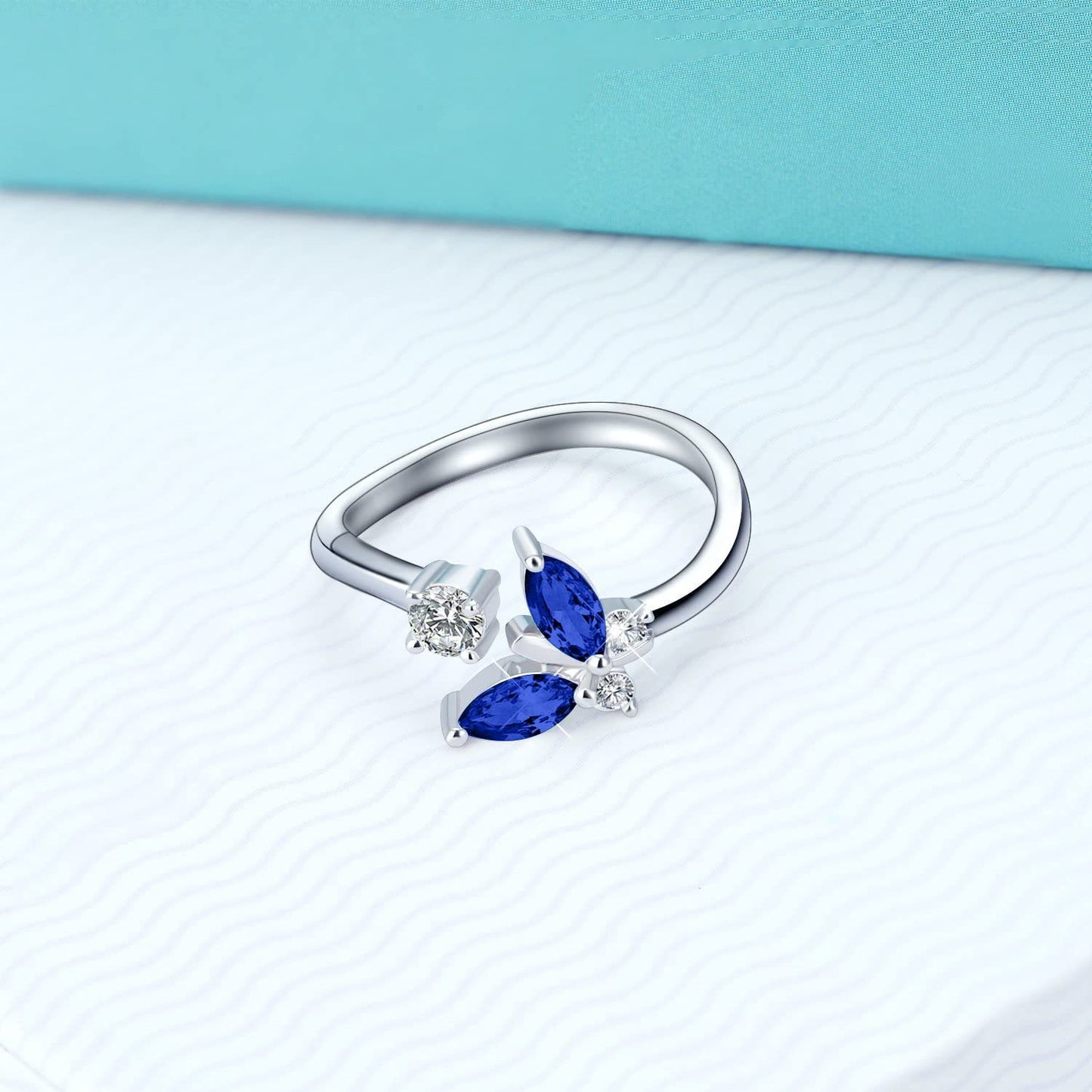 Fashion 925 Sterling Silver Butterfly Ring with Sapphire Blue Crystal