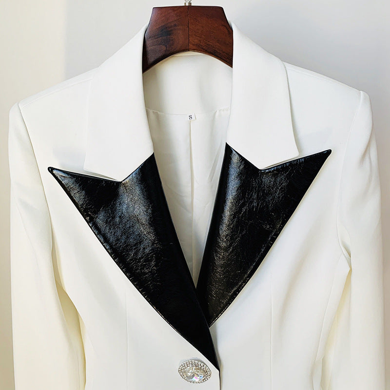 Fashion Contrast Leather Blazer Collar Diamond