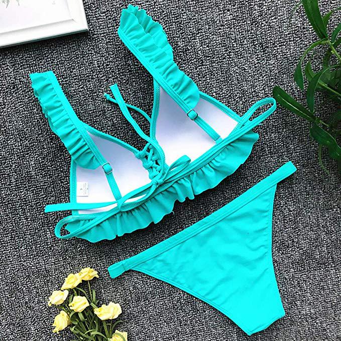 Fashion Fold Lace Comfortable Solid Color Split Swimsuit Bikini