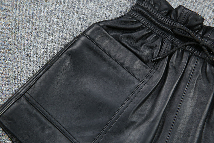 Fashion Drawstring Pocket Casual Leather Sheepskin Shorts