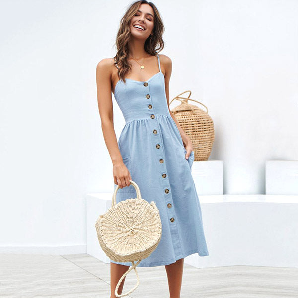 Fashion Sling Button Backless Dress