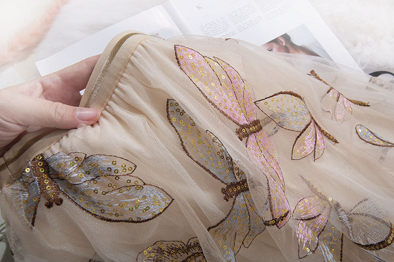 Fashion Golden Silk Retro Lace Dragonfly Skirt