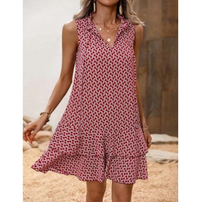 Fashion Bohemian Printed V-neck Lace-up Dress